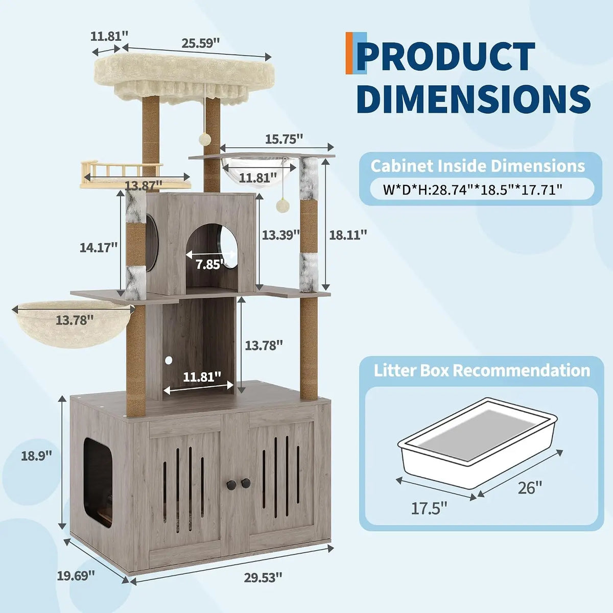 Cat Tree Hidden Litter Box, Sisal Scratching Posts Multi-Level Cat Tower Soft Perch & Hammock