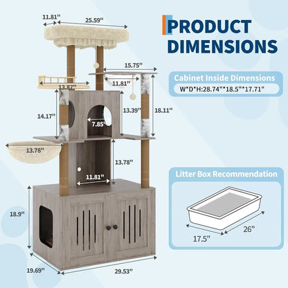 Cat Tree Hidden Litter Box, Sisal Scratching Posts Multi-Level Cat Tower Soft Perch & Hammock