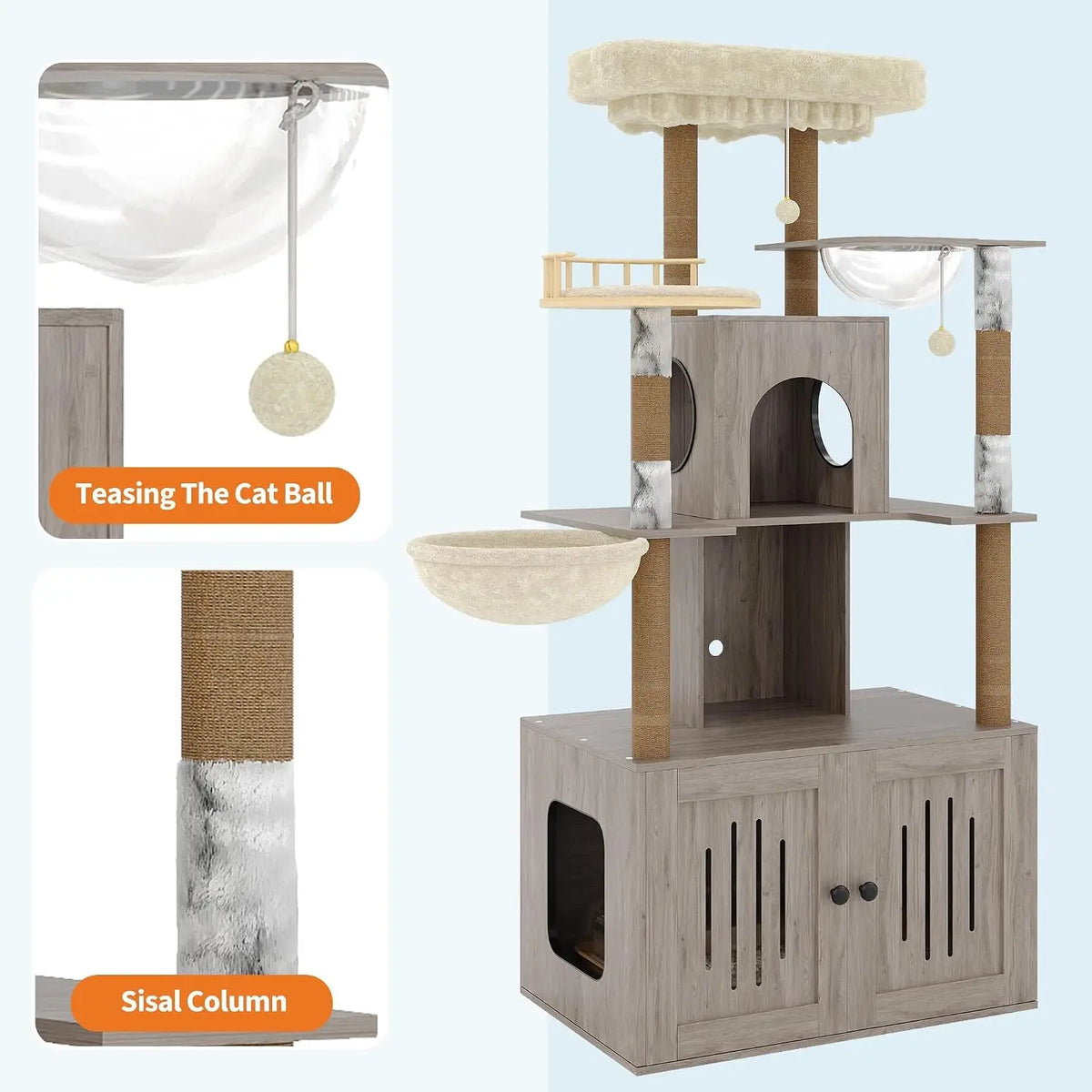 Cat Tree Hidden Litter Box, Sisal Scratching Posts Multi-Level Cat Tower Soft Perch & Hammock
