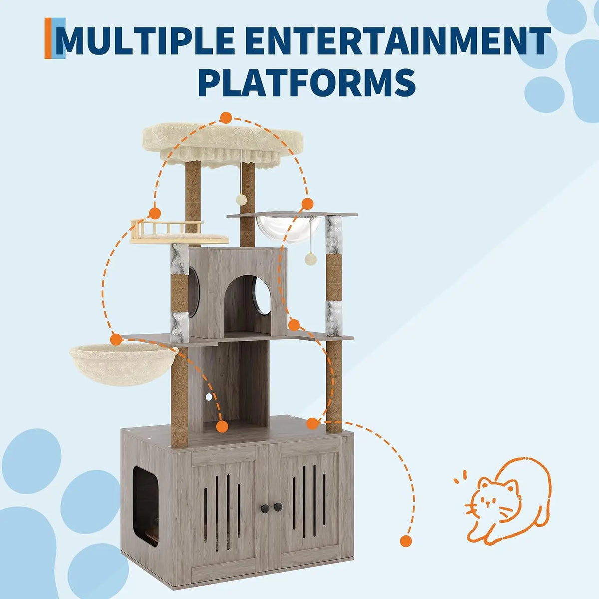 Cat Tree Hidden Litter Box, Sisal Scratching Posts Multi-Level Cat Tower Soft Perch & Hammock