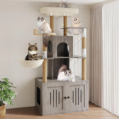 Cat Tree Hidden Litter Box, Sisal Scratching Posts Multi-Level Cat Tower Soft Perch & Hammock